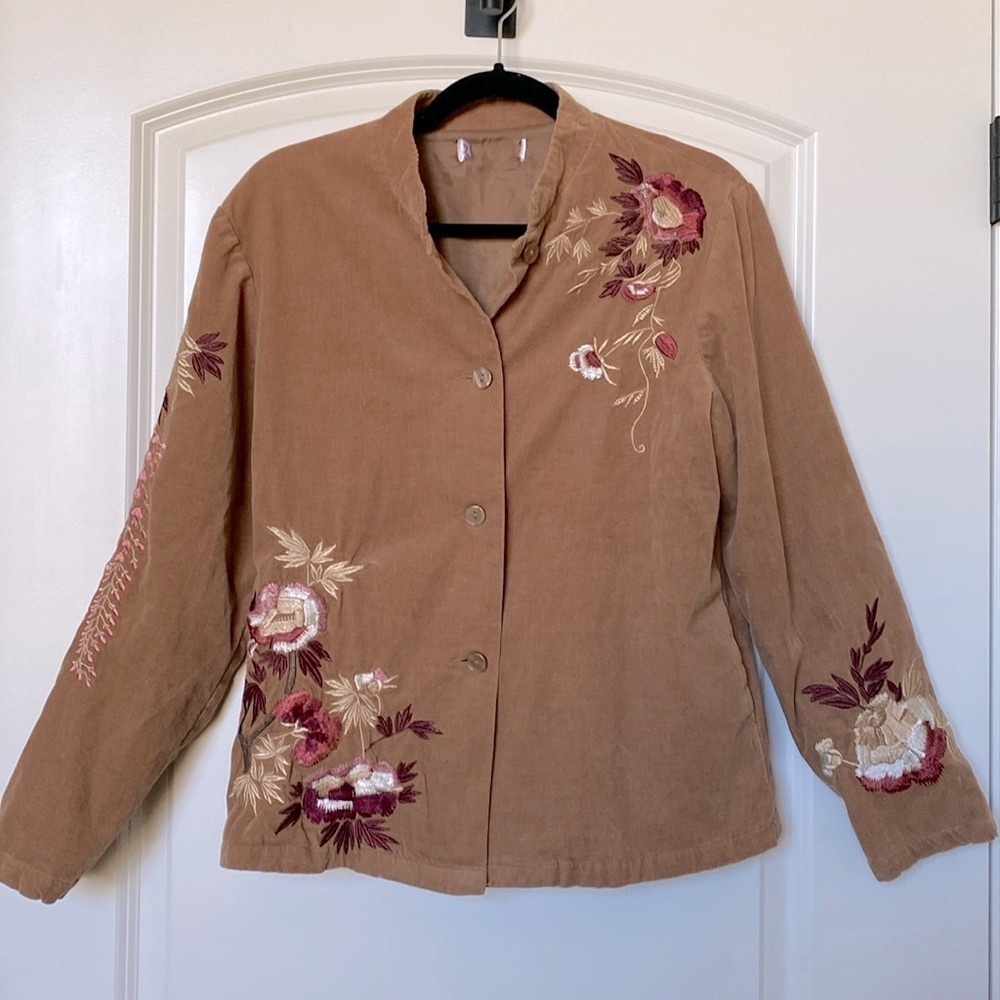 Vtg Corduroy Embroidered Blazer jacket Womens M Brown Bohemian western floral